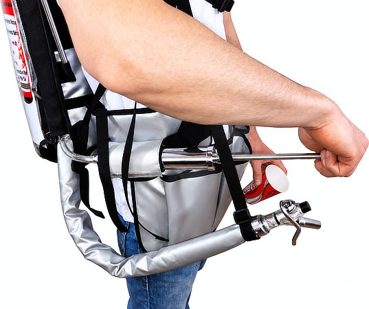 Person using 15 litre backpack beverage dispenser for mobile drink service