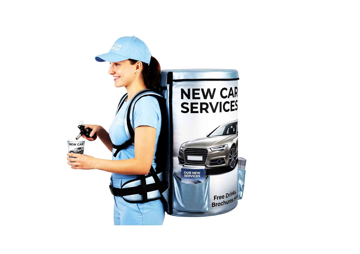 Promoter wearing a branded automotive car service promotion backpack for mobile marketing campaigns