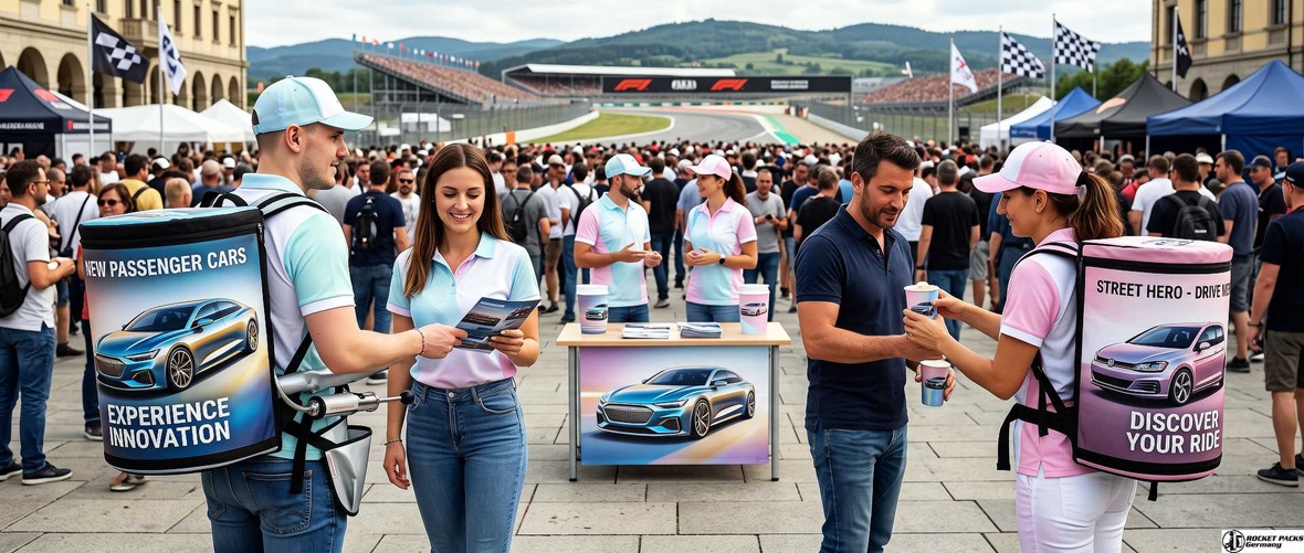 Promoters wearing branded beverage backpacks distribute drinks and brochures during a passenger car promotional event.
