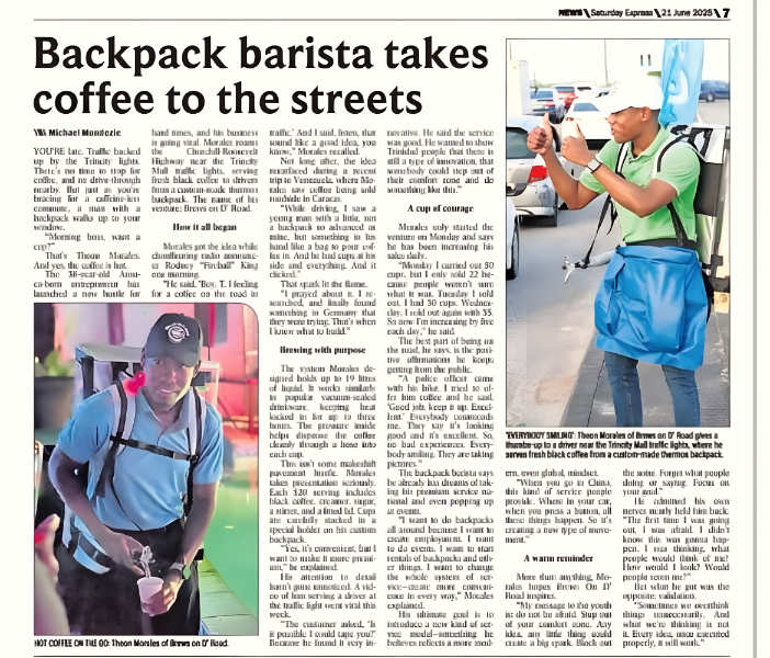 a backpack barista service offers an innovative, flexible and professional way of delivering high-quality coffee directly to the customer on the move - ideal for events where conventional coffee dispensing is impractical or which require special attention and mobility