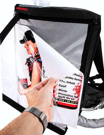 Custom branding panel for Rocket Packs backpack beverage dispenser