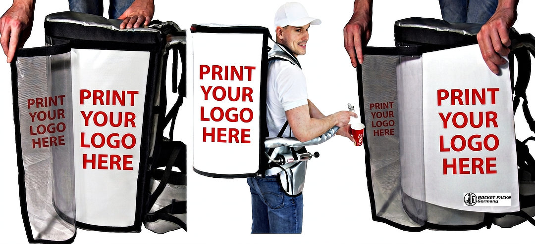 Backpack drink dispenser with customizable logo advertising area