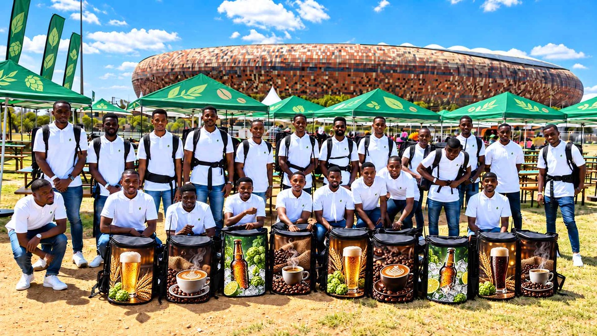 Event beverage vendors with backpack drink dispensers at a large outdoor venue