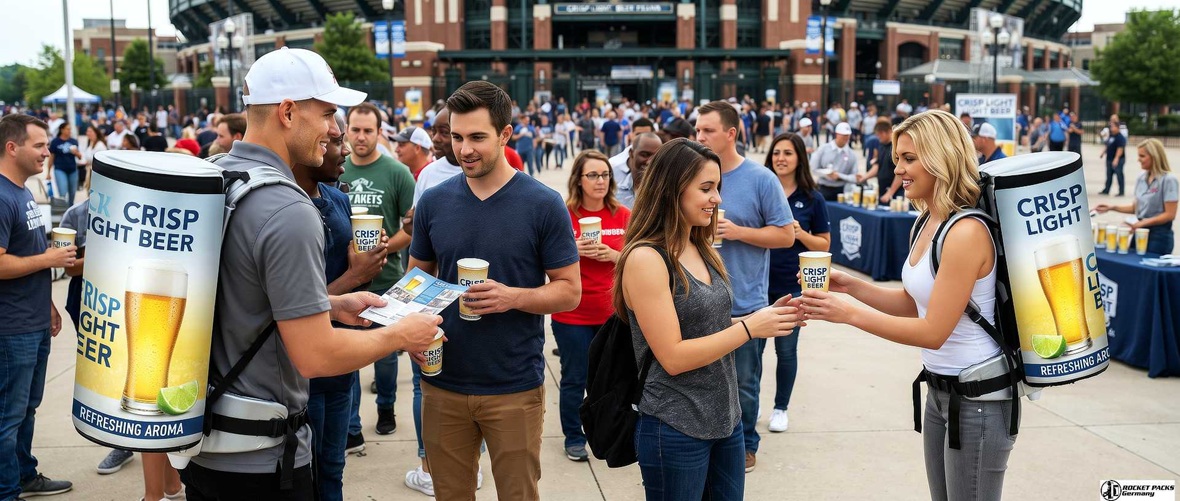 Beer backpack promoters serving drinks to customers at a crowded stadium event