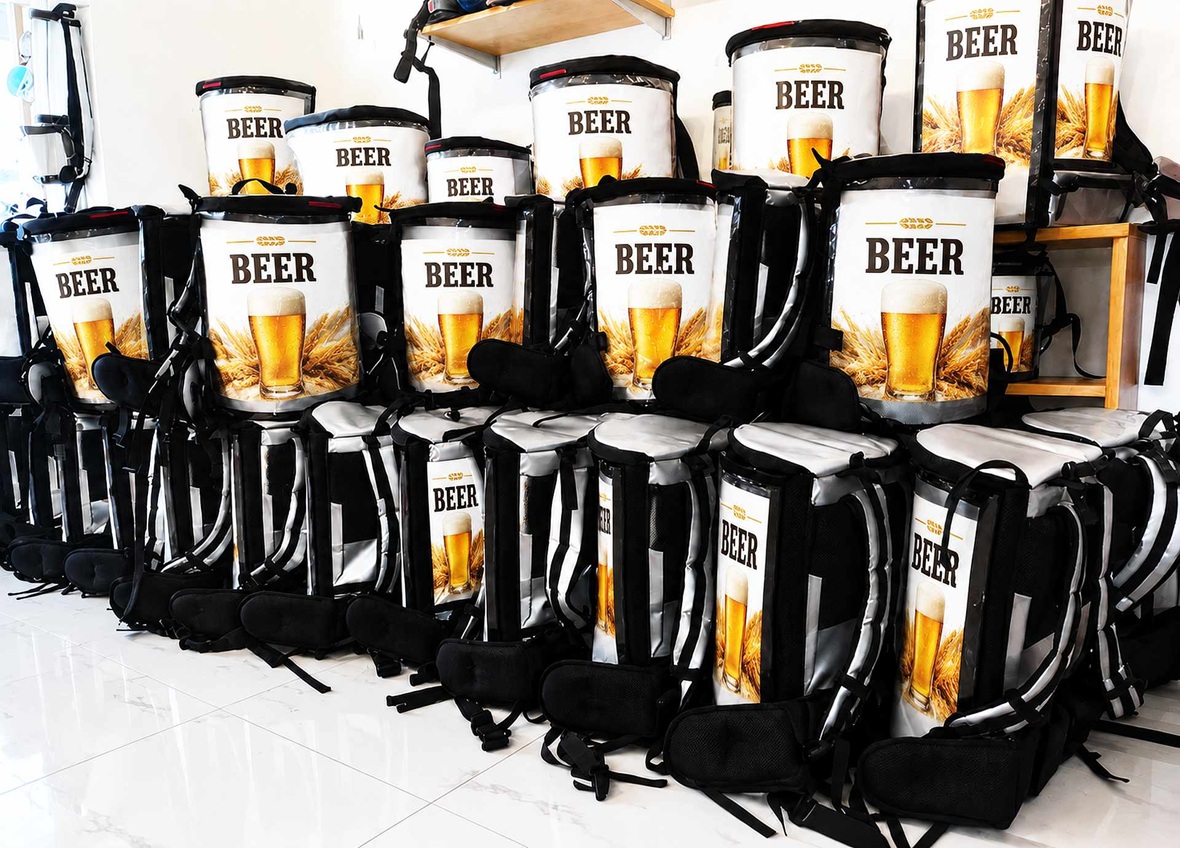 Multiple Beer Backpack Premium 11L systems with custom beer branding for mobile beverage promotion and event service