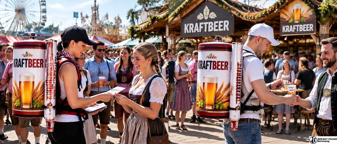 Beer Backpack Premium 11L used for mobile draft beer service at a festival with promotional beverage dispensing