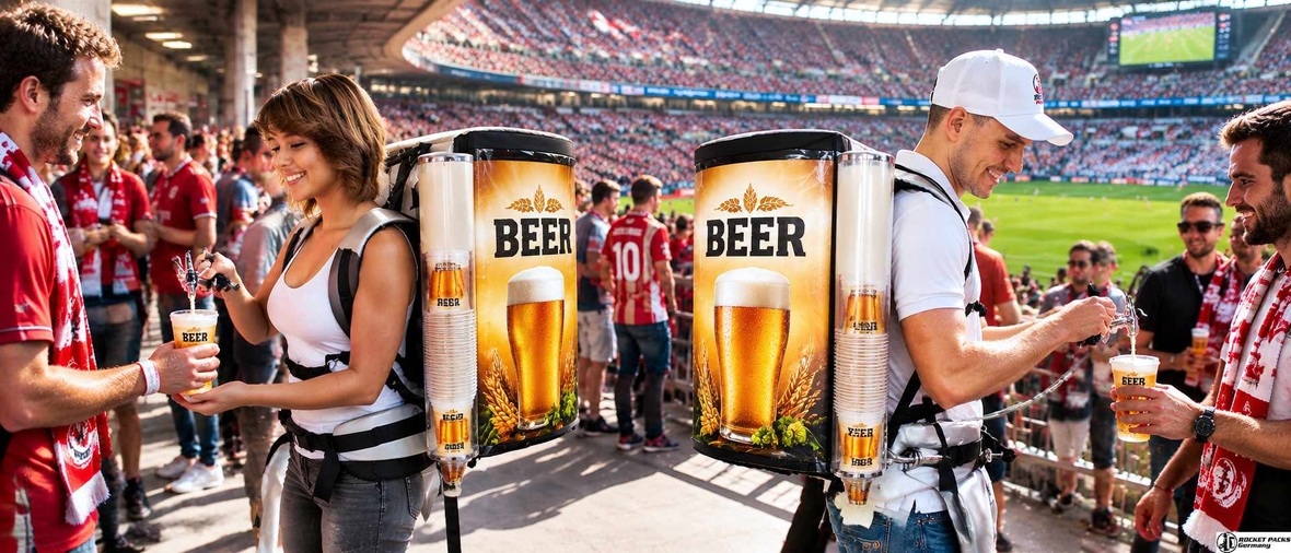 Beer Backpack Premium 11L used for mobile beer dispensing in a football stadium with direct customer service