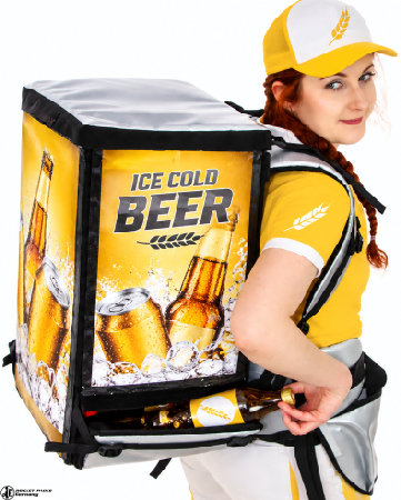 Promoter wearing a RocketPacks TwinPack backpack for mobile distribution of bottled and canned beer at events.