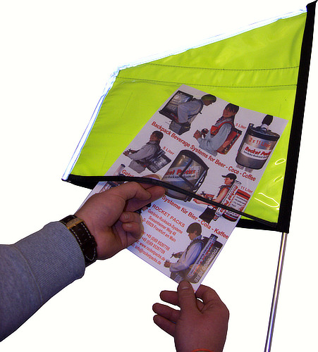 Optional advertising flag with telescopic pole and transparent insert pocket for Rocketpacks beverage backpacks