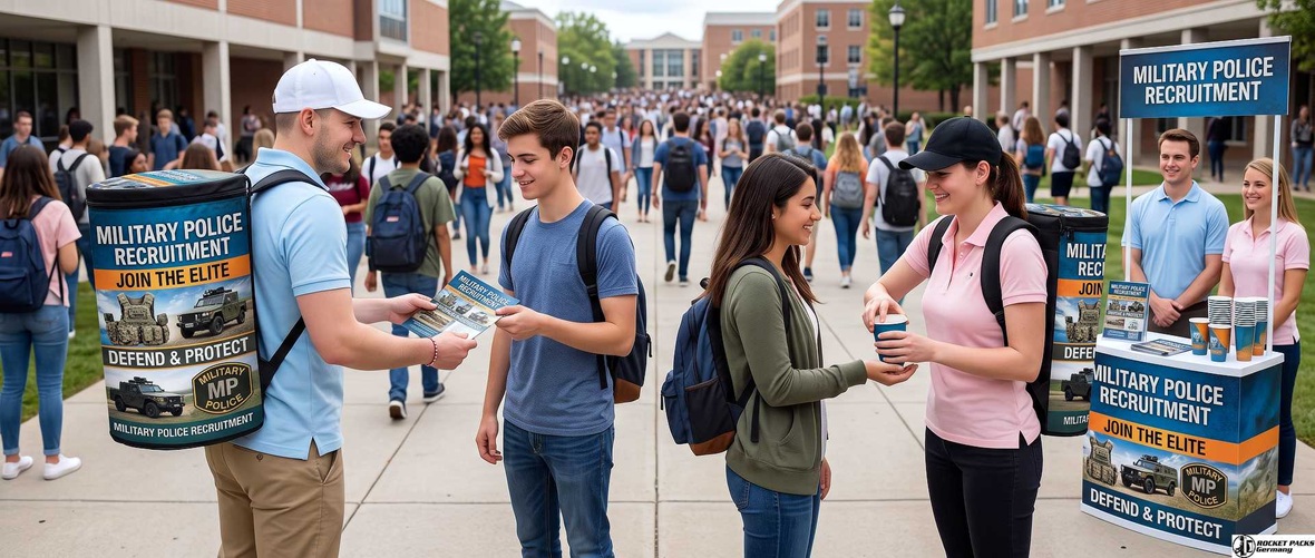 Promoters wearing branded beverage backpacks distribute drinks and brochures during a campus recruitment campaign.