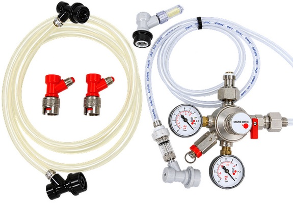 CO2 pressure and connection kit with regulator, gauges, beverage hoses and quick-connect fittings for Rocketpacks beverage tanks
