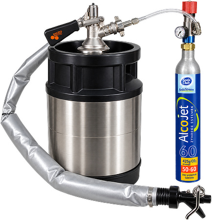 Stainless steel beverage tank with CO2 cylinder, pressure regulator, insulated dispensing hose and tap
