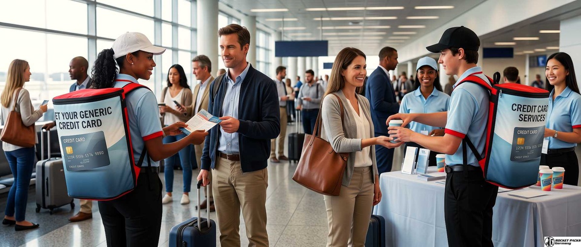 Promoters wearing branded beverage backpacks distribute drinks and brochures during a credit card marketing campaign.