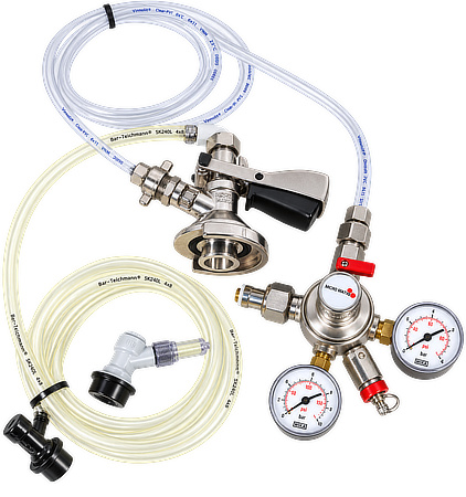 Keg-to-tank transfer kit with keg coupler, CO2 pressure regulator, beverage lines and quick-connect fittings