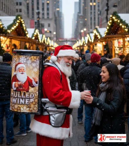 Mulled wine being served directly from a beverage backpack at the Chicago Christkindlmarket, vendor moving along snowy paths between decorated stands, providing fast hot drink service during winter holiday festivities.