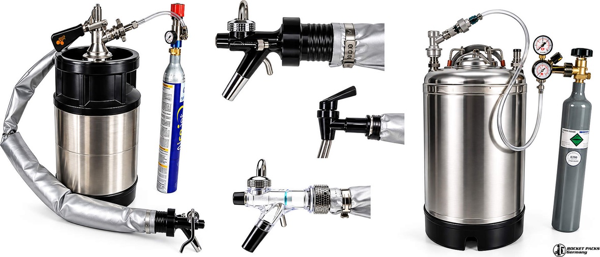 Beverage backpack technical components with stainless steel tank, dispensing taps, insulated hose and CO2 pressure system