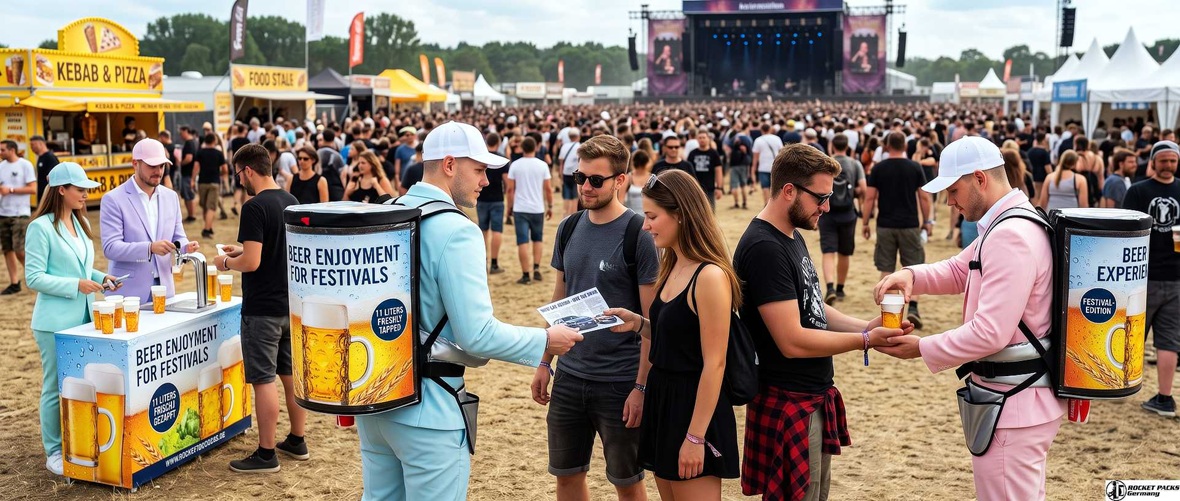 Two promoters wearing branded beverage backpacks distribute drinks and promotional brochures at a crowded outdoor music festival.