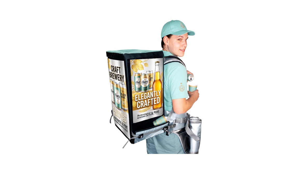 Wearable beverage vending backpack for serving and promoting drinks at events