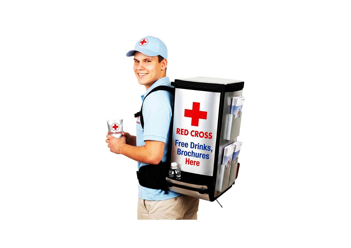 Promoter wearing a branded blood donation promotion backpack for mobile awareness campaigns
