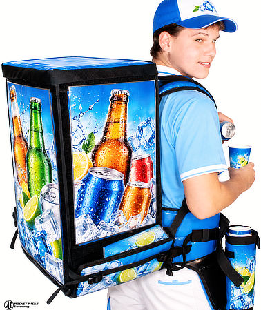 Bottle and can backpack dispenser for mobile beverage sales
