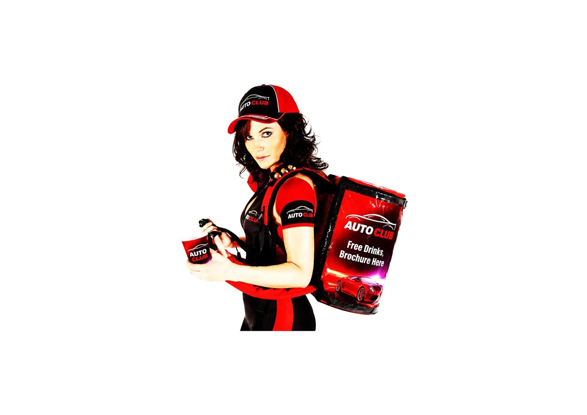 Promoter wearing a branded promotion and sampling backpack for mobile marketing campaigns