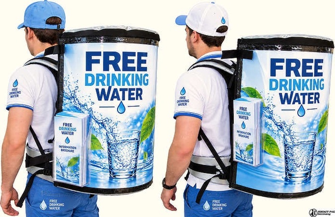Two promoters wearing customized drinking water backpacks with integrated cup dispensers for mobile water distribution.