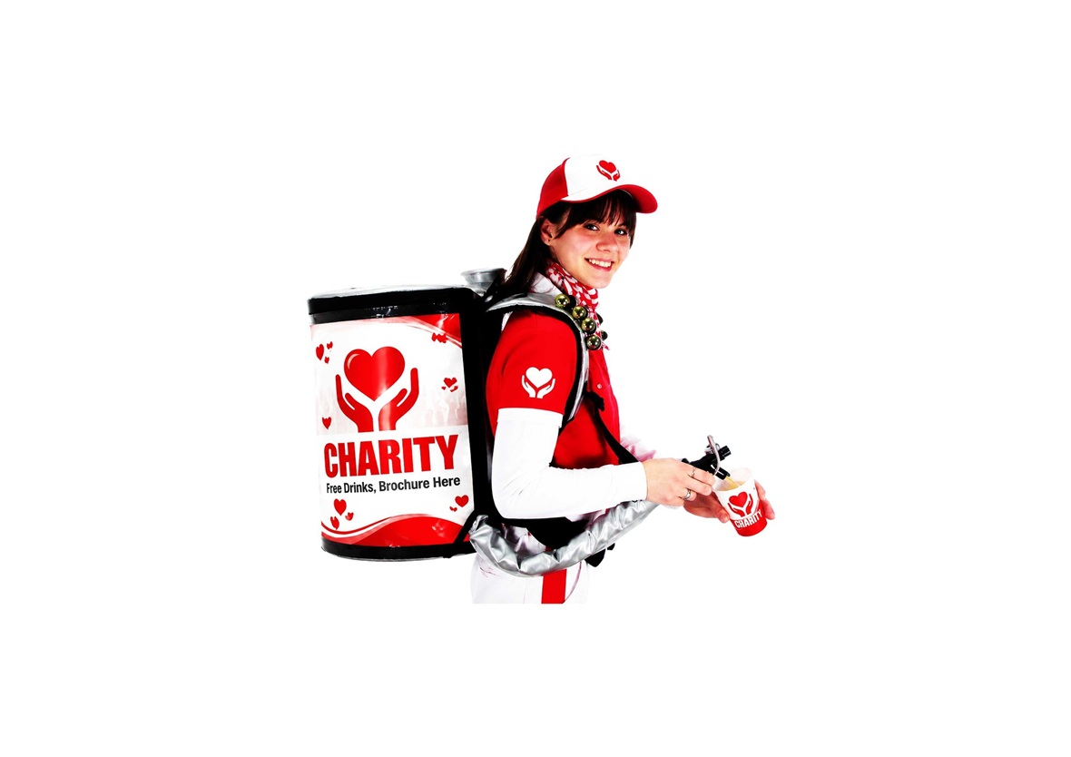 Promoter wearing a branded charity fundraising backpack for mobile promotion campaigns