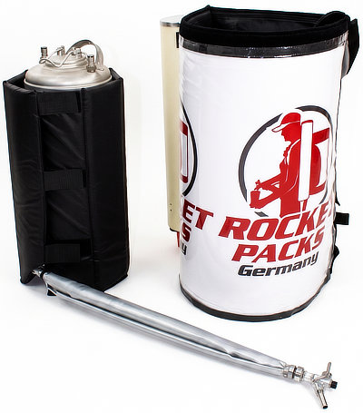 RocketPacks Pro 19L coffee backpack with removable stainless steel tank, black insulation sleeve and dispensing tap.