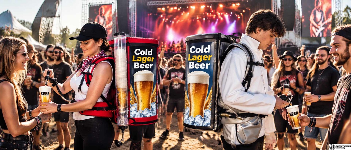 Cold Lager Beer Backpack dispensing system used at a live music festival for mobile beer service