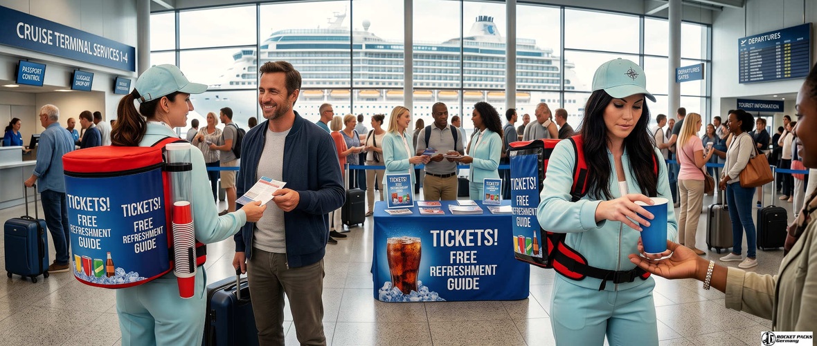 Mobile drink backpack used for passenger service and beverage promotion at a cruise terminal
