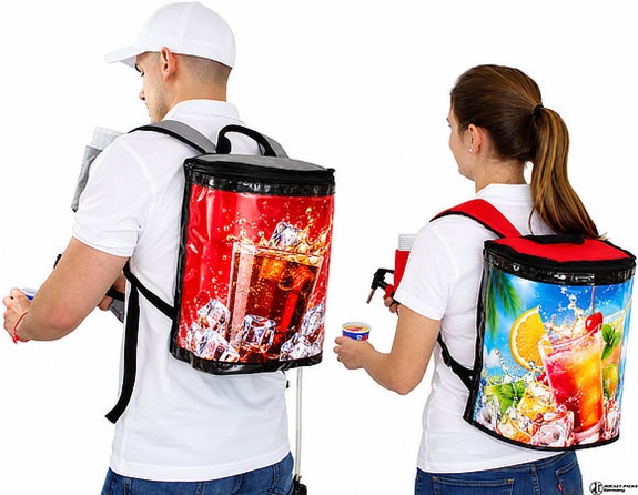 Drink-Pack 5 L beverage backpack rear view with advertising display