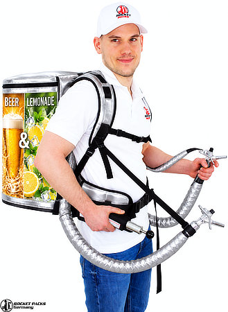 Dual-tank mobile beverage system with two 15 L containers and dispensing taps