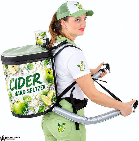 Promoter wearing a dual-tank mobile drink dispenser with two separate 5 L containers