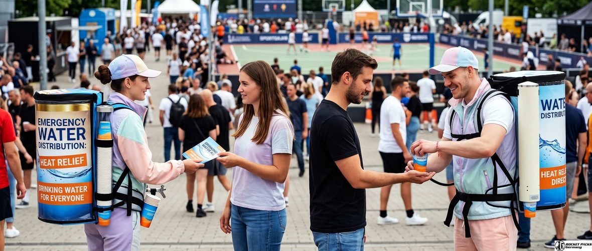 Promoters distributing drinking water and information leaflets during a summer sports event using branded water dispenser backpacks.