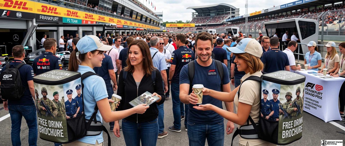 Promoters using beverage sampling backpacks to distribute free drinks and brochures at a sports event