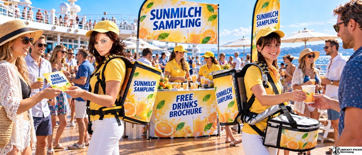 Brand ambassadors using beverage sampling backpacks for product sampling and customer engagement at a promotional event