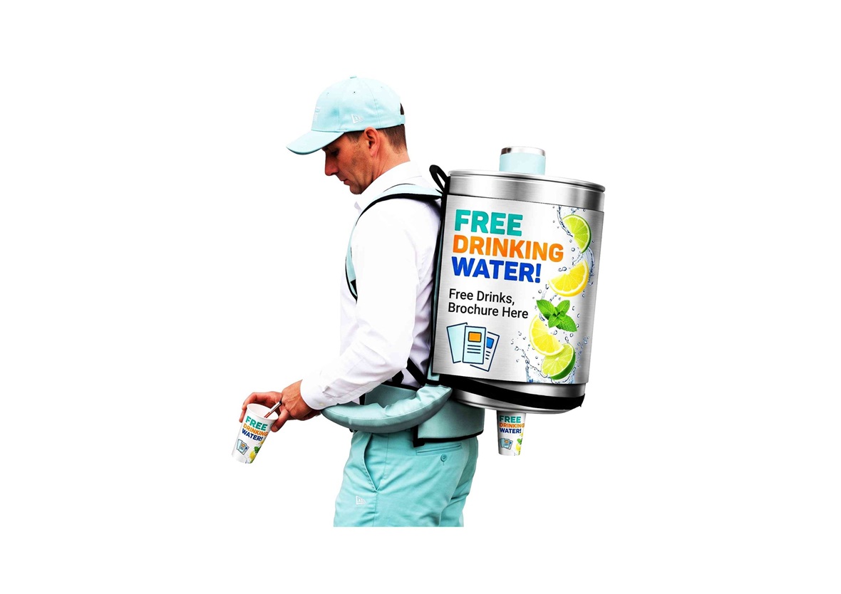 Promoter wearing a branded free water promotion and sampling backpack for mobile marketing campaigns