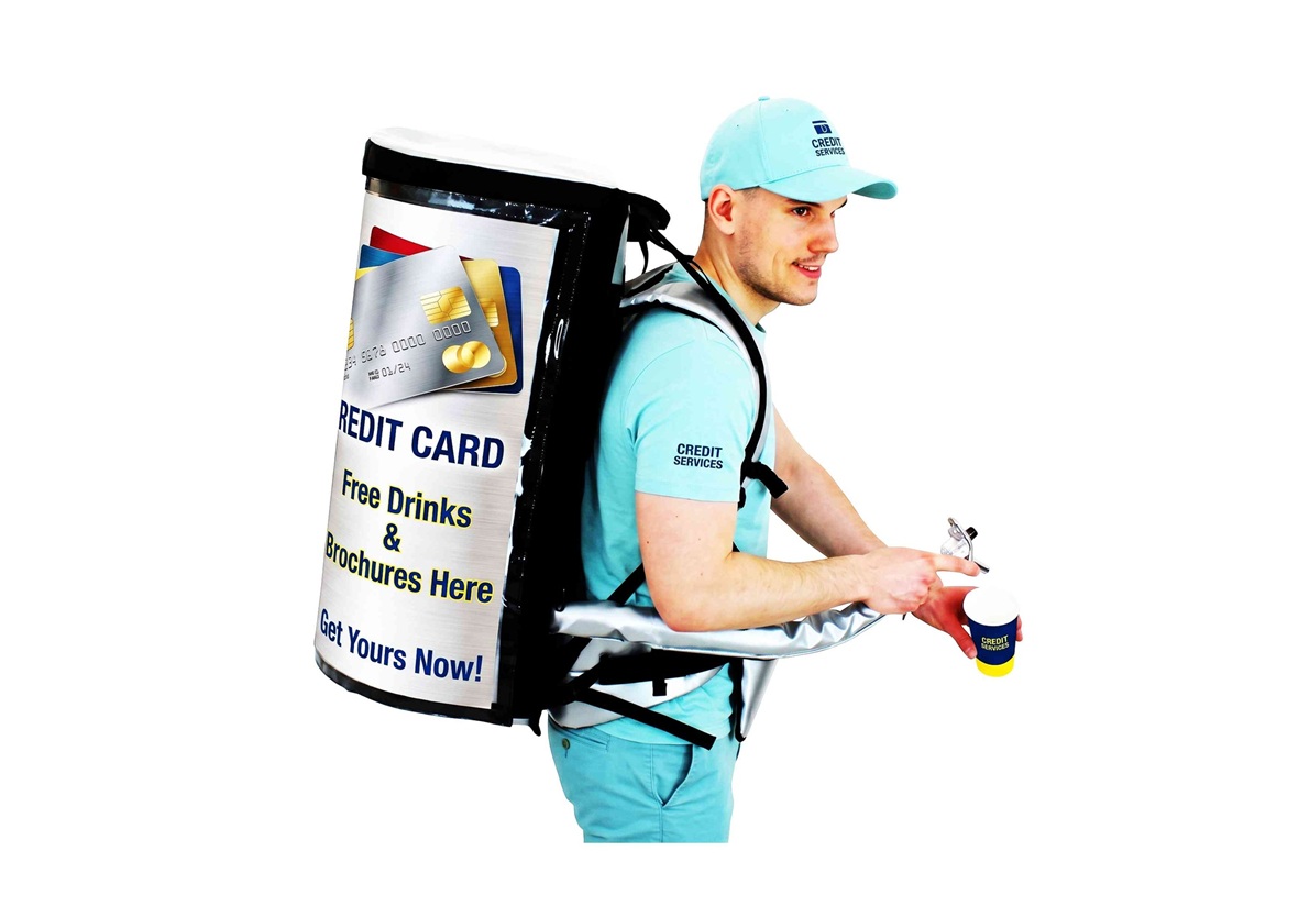 Promoter wearing a branded gift card promotion and sampling backpack for mobile marketing campaigns
