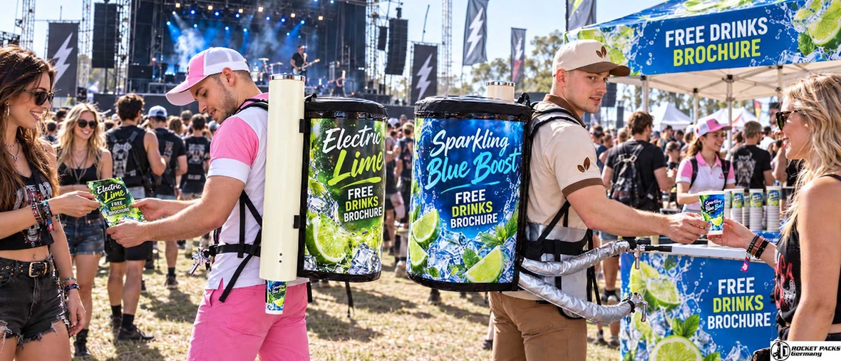 Promoters serving drinks with gravity-fed beverage backpacks at a live event
