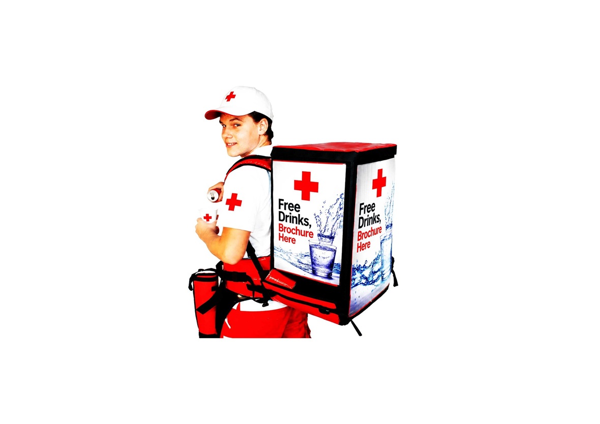 Promoter wearing a branded healthcare promotion and sampling backpack for mobile campaigns