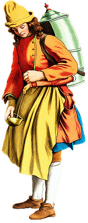 Historic water vendor with a portable backpack drink dispenser around 1800