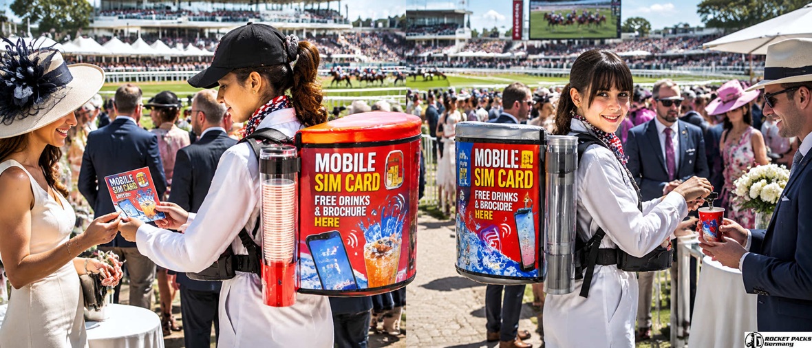 Mobile drink backpack used for beverage promotion and guest service at a horse racing event