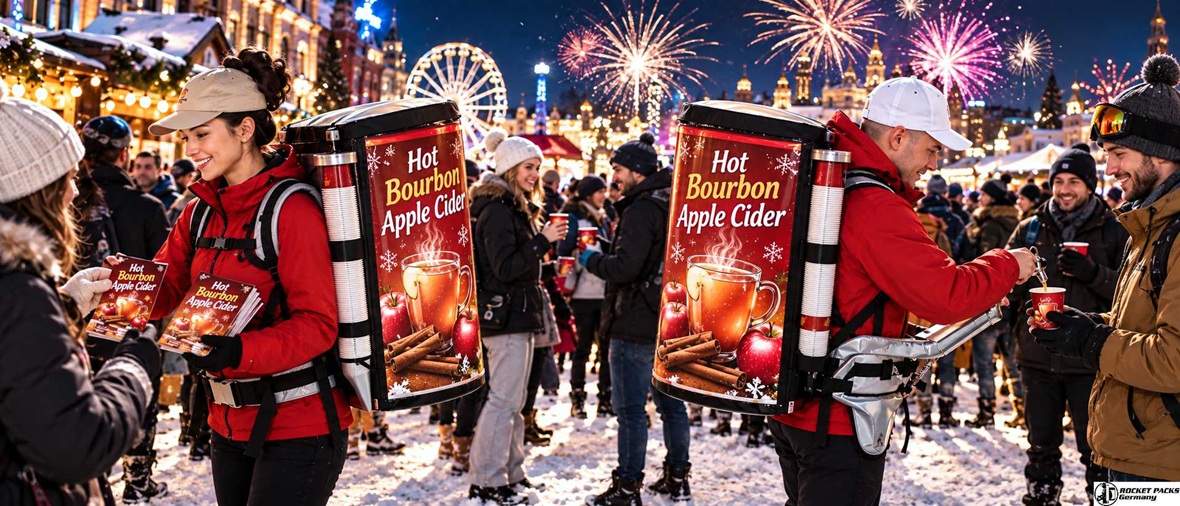 Promoters serving hot apple cider from branded beverage backpacks at a festive outdoor Christmas market.