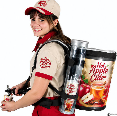 Hot apple cider mobile beverage backpack used for winter event promotion and drink service