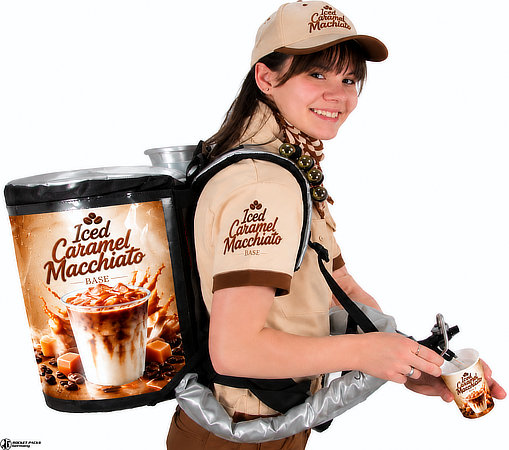 Iced caramel macchiato mobile drink dispenser backpack used for coffee beverage promotions
