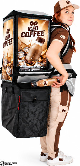 Promoter wearing a RocketPacks TwinPack for bottled iced coffee with an additional collection bag for empty beverage containers.