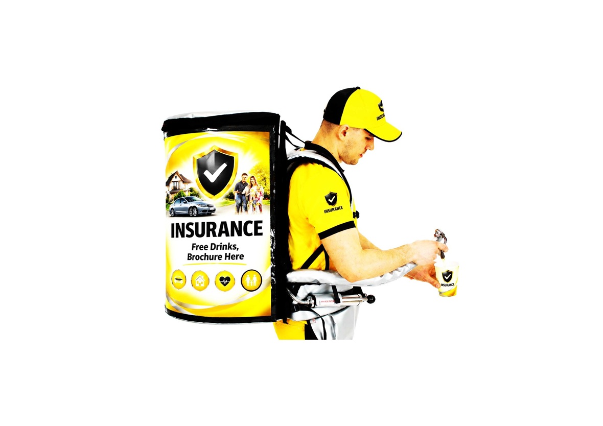Promoter wearing a branded insurance promotion and sampling backpack for mobile marketing campaigns
