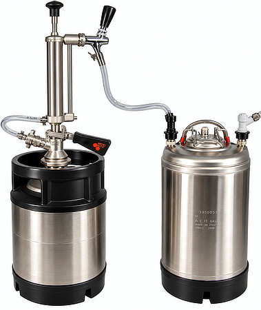 Manual keg pump connected to a Rocketpacks stainless steel beverage tank for mobile beverage dispensing