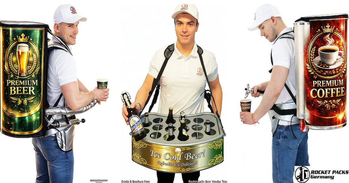 Professional backpack drink dispenser being used at a high-traffic outdoor event to serve cold beverages from a portable stainless steel tank system.