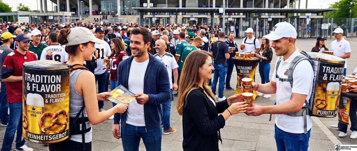Promoters serving beer and handing out brochures to guests in a crowded stadium fan zone